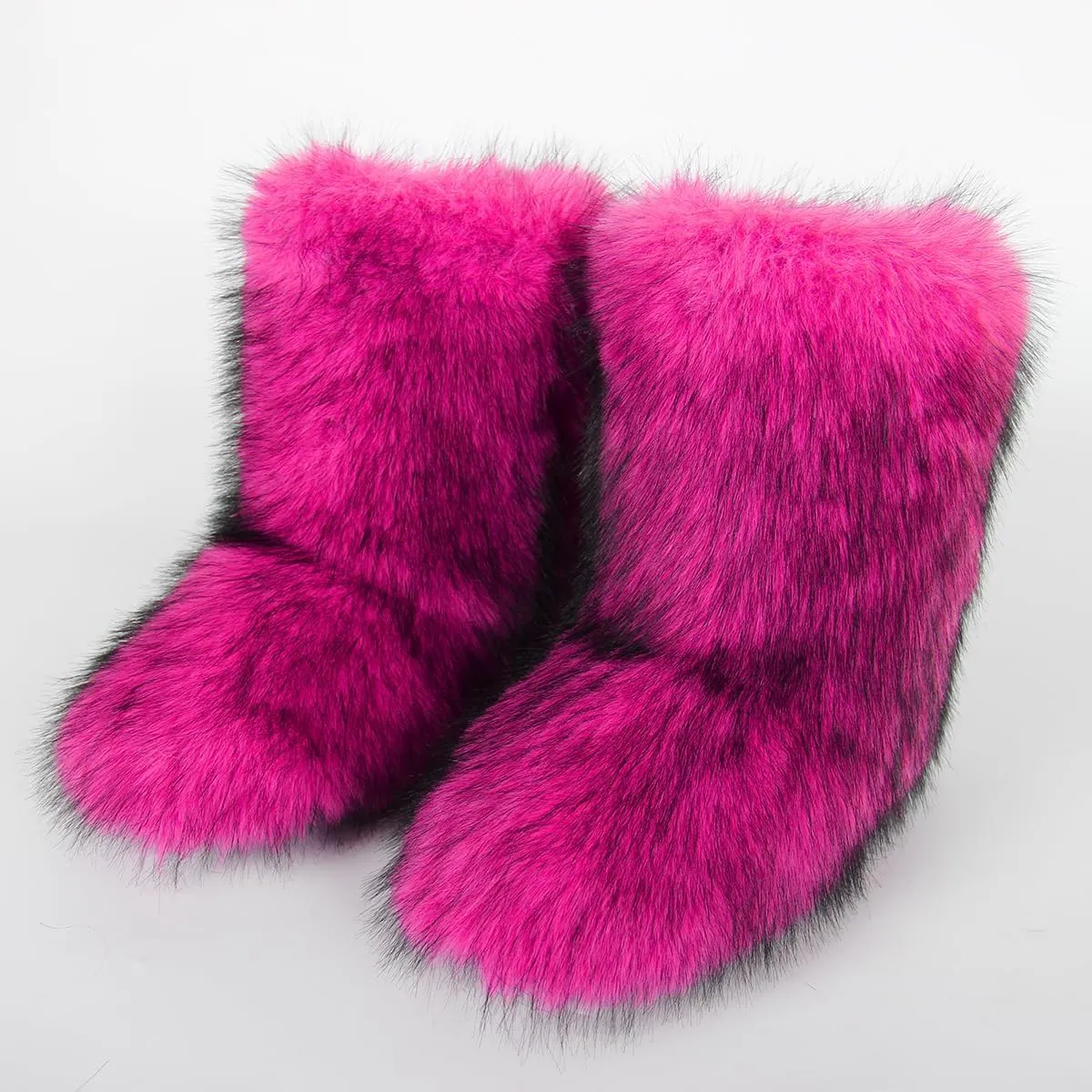 Women's Faux Fur Boots Furry Fluffy Round Toe Mid Calf Snow Boots Warm Fur Lined Flat Shoe Fashion Boots