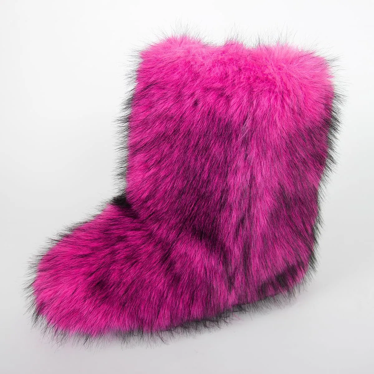 Women's Faux Fur Boots Furry Fluffy Round Toe Mid Calf Snow Boots Warm Fur Lined Flat Shoe Fashion Boots