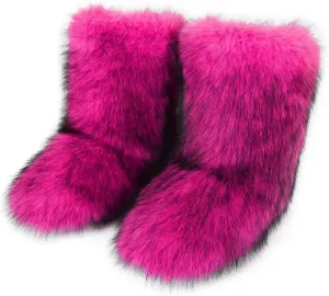 Women's Faux Fur Boots Furry Fluffy Round Toe Mid Calf Snow Boots Warm Fur Lined Flat Shoe Fashion Boots