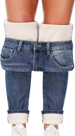 Women's Fleece Lined Jeans Thermal Flannel Lined Jeans Winter Warm Thicken Skinny Stretch Denim Pants