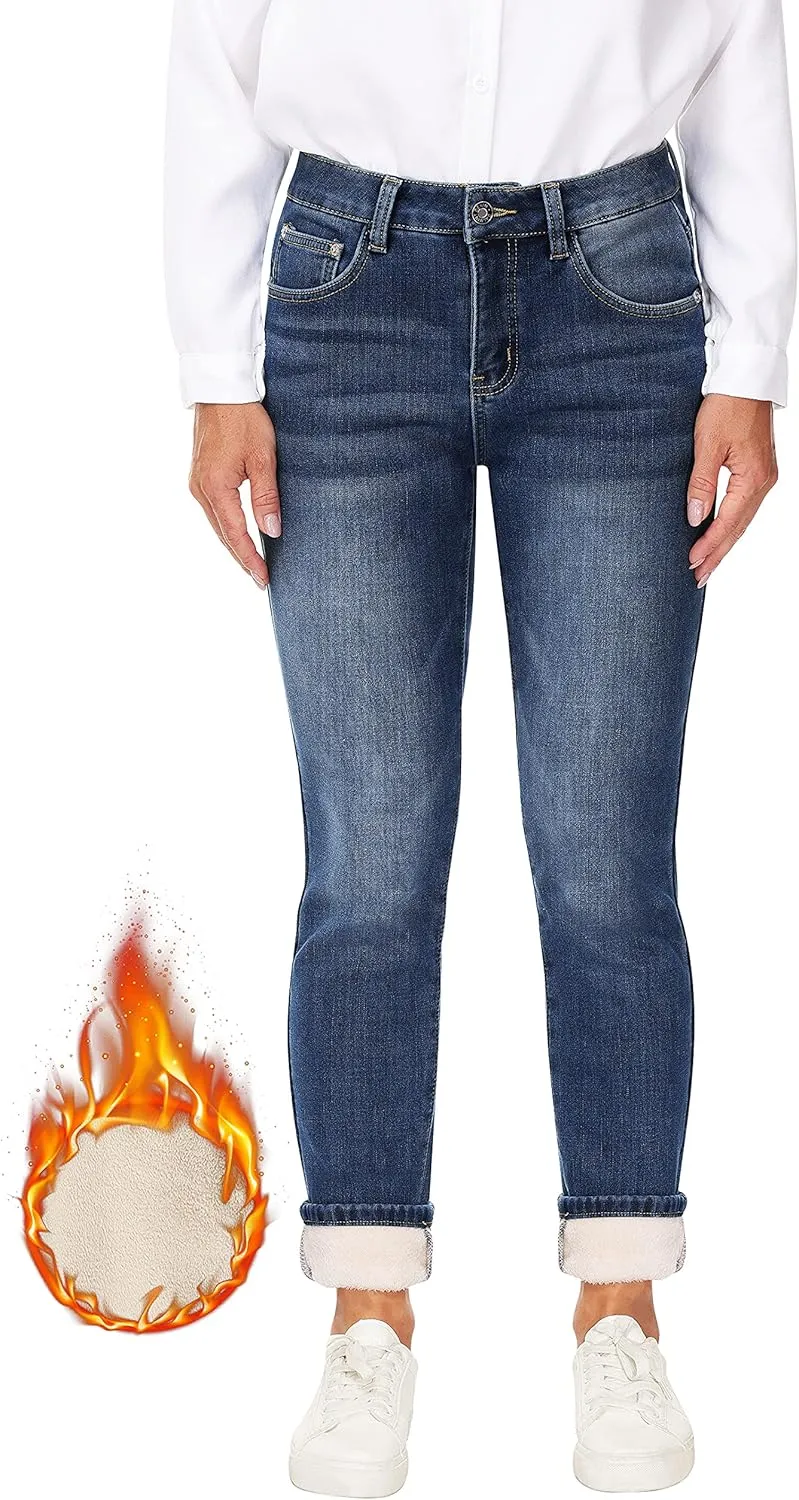 Women's Fleece Lined Jeans Thermal Flannel Lined Jeans Winter Warm Thicken Skinny Stretch Denim Pants