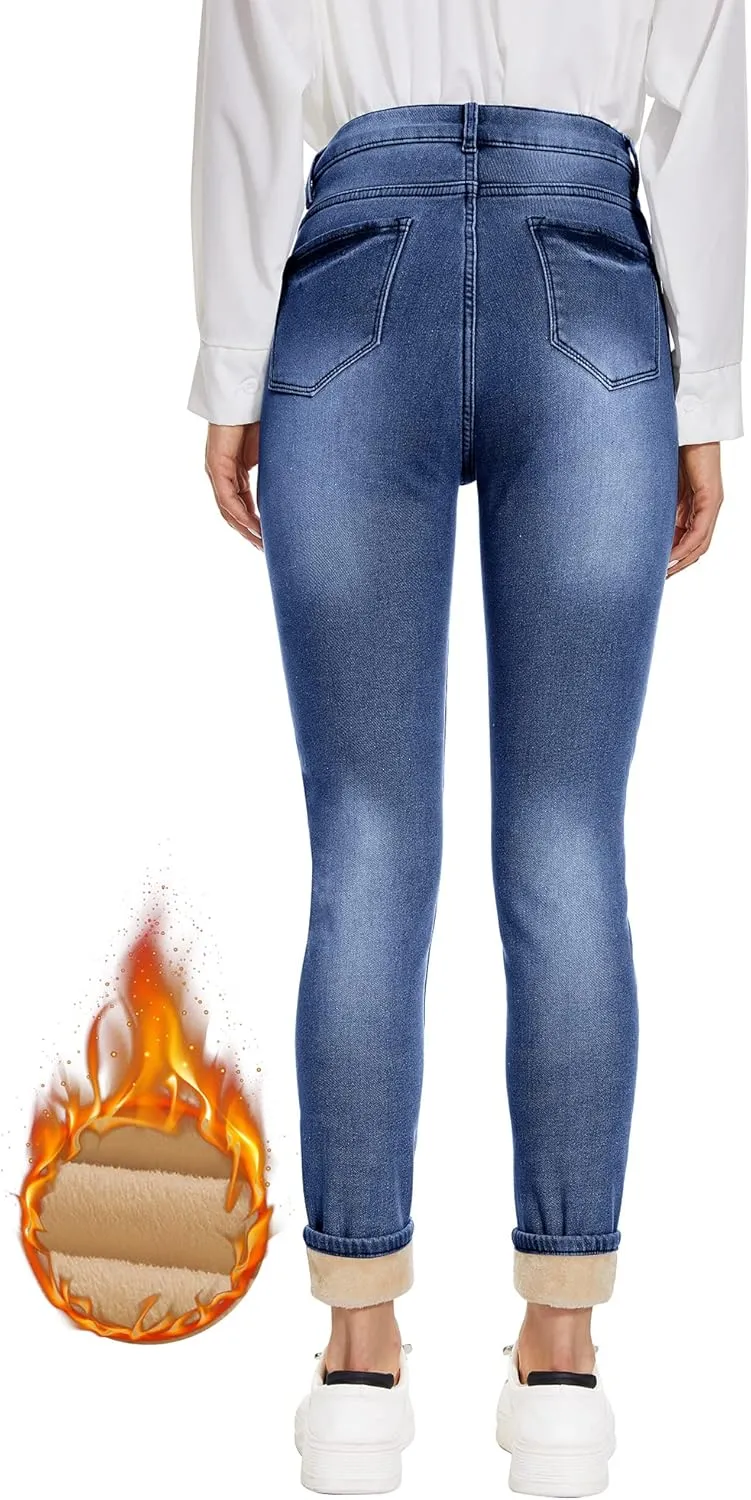 Women's Fleece Lined Jeans Thermal Flannel Lined Jeans Winter Warm Thicken Skinny Stretch Denim Pants