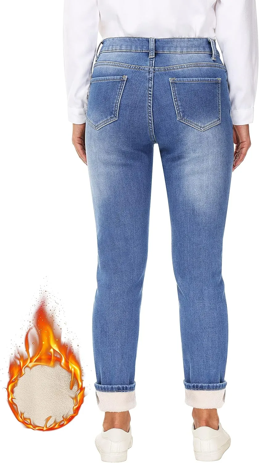 Women's Fleece Lined Jeans Thermal Flannel Lined Jeans Winter Warm Thicken Skinny Stretch Denim Pants