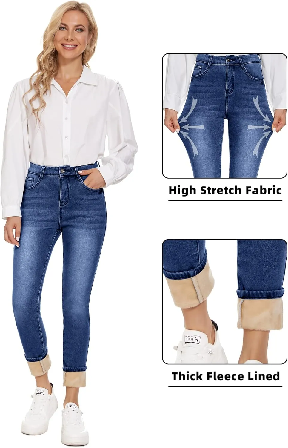 Women's Fleece Lined Jeans Thermal Flannel Lined Jeans Winter Warm Thicken Skinny Stretch Denim Pants