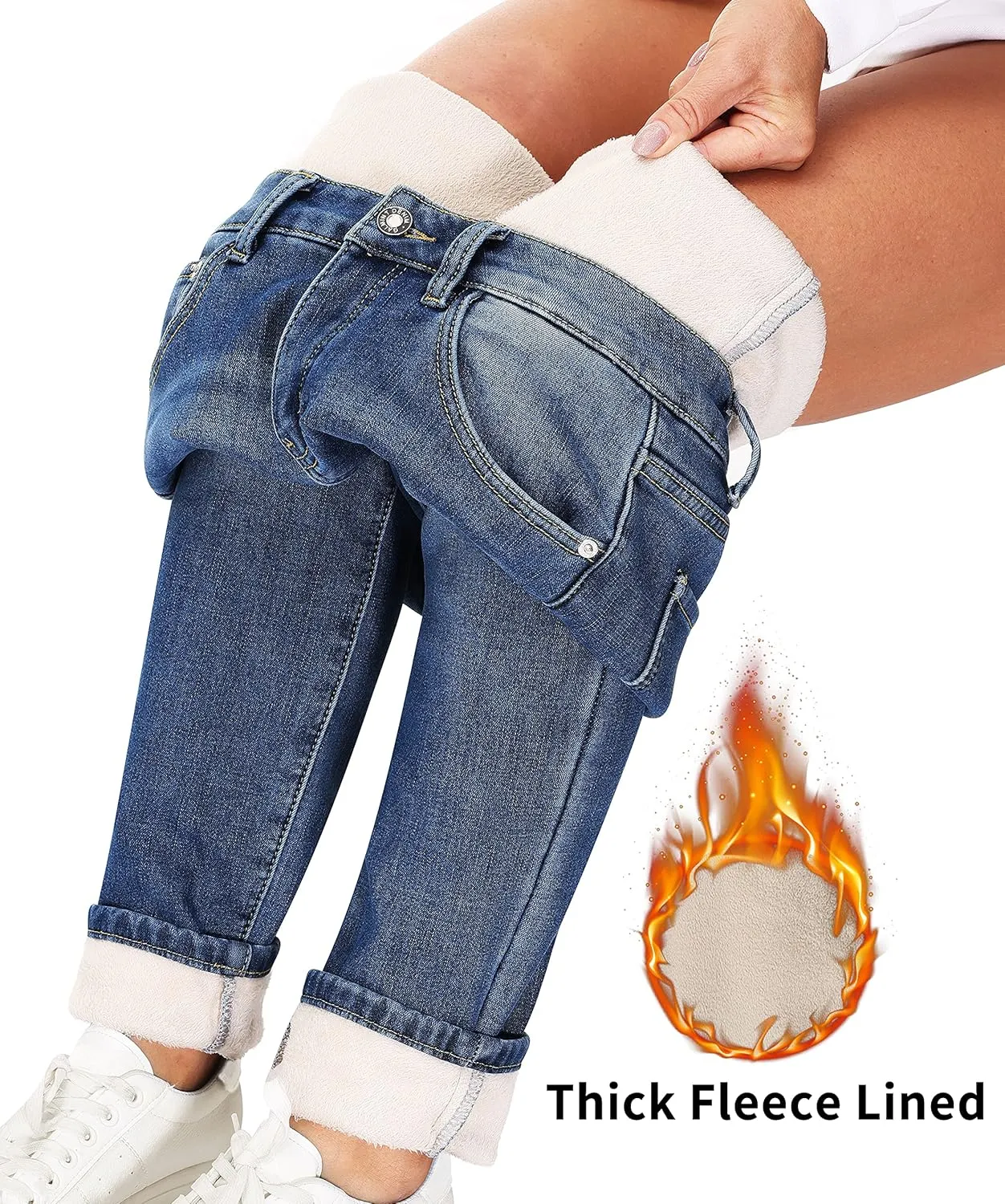 Women's Fleece Lined Jeans Thermal Flannel Lined Jeans Winter Warm Thicken Skinny Stretch Denim Pants
