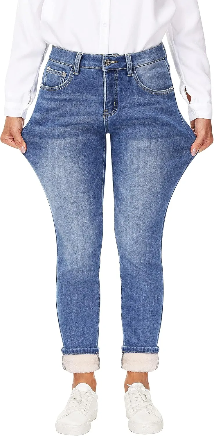 Women's Fleece Lined Jeans Thermal Flannel Lined Jeans Winter Warm Thicken Skinny Stretch Denim Pants