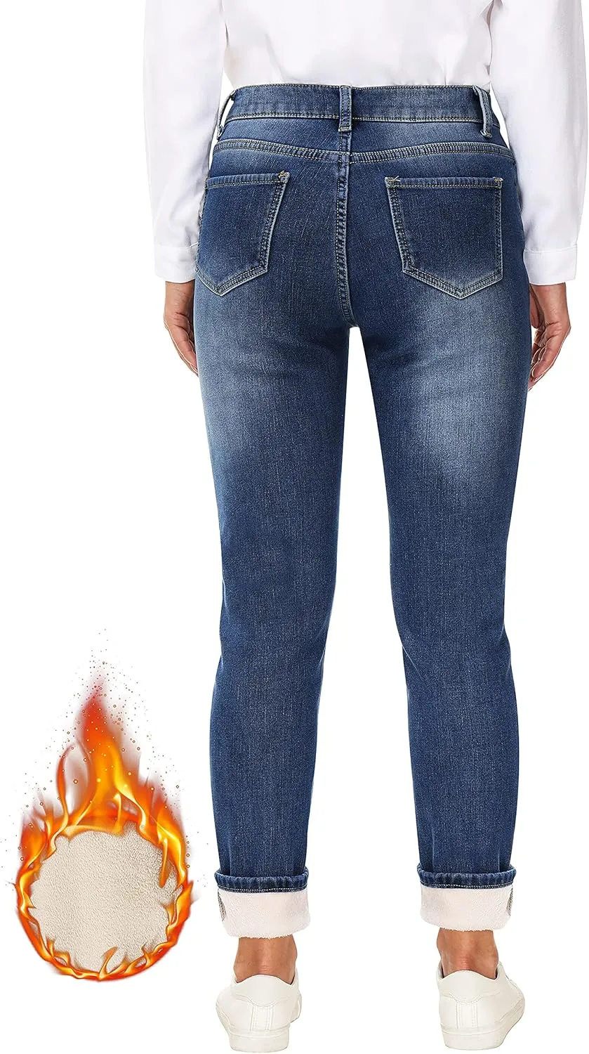 Women's Fleece Lined Jeans Thermal Flannel Lined Jeans Winter Warm Thicken Skinny Stretch Denim Pants