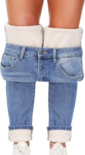 Women's Fleece Lined Jeans Thermal Flannel Lined Jeans Winter Warm Thicken Skinny Stretch Denim Pants