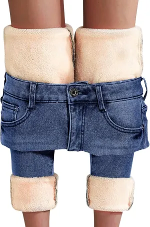 Women's Fleece Lined Jeans Thermal Flannel Lined Jeans Winter Warm Thicken Skinny Stretch Denim Pants