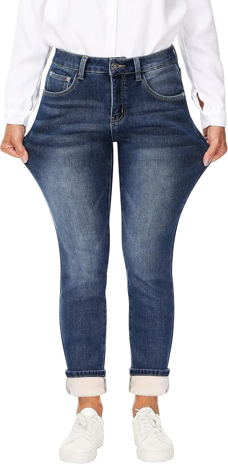Women's Fleece Lined Jeans Thermal Flannel Lined Jeans Winter Warm Thicken Skinny Stretch Denim Pants
