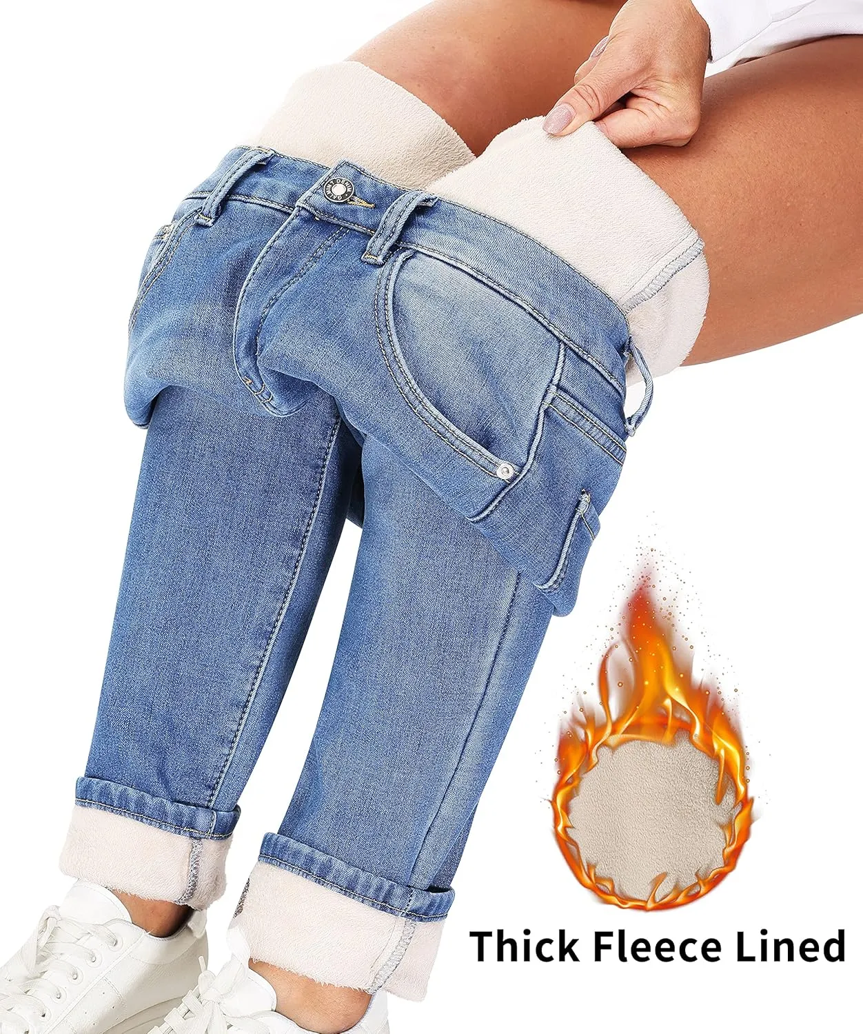 Women's Fleece Lined Jeans Thermal Flannel Lined Jeans Winter Warm Thicken Skinny Stretch Denim Pants