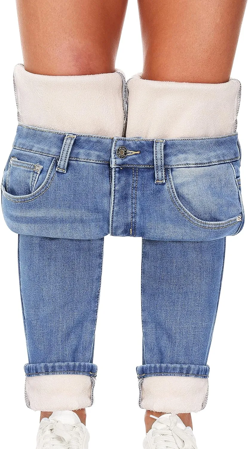 Women's Fleece Lined Jeans Thermal Flannel Lined Jeans Winter Warm Thicken Skinny Stretch Denim Pants