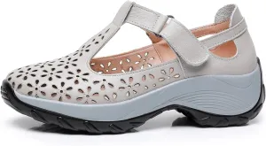 Women's Genuine Leather T-Strap Hollow Wedge Walking Orthotic Sandals Comfortable Platform Adjustable Buckle Arch Support Nurse Sandals Breathable Caged Closed Toe Beach Sandals