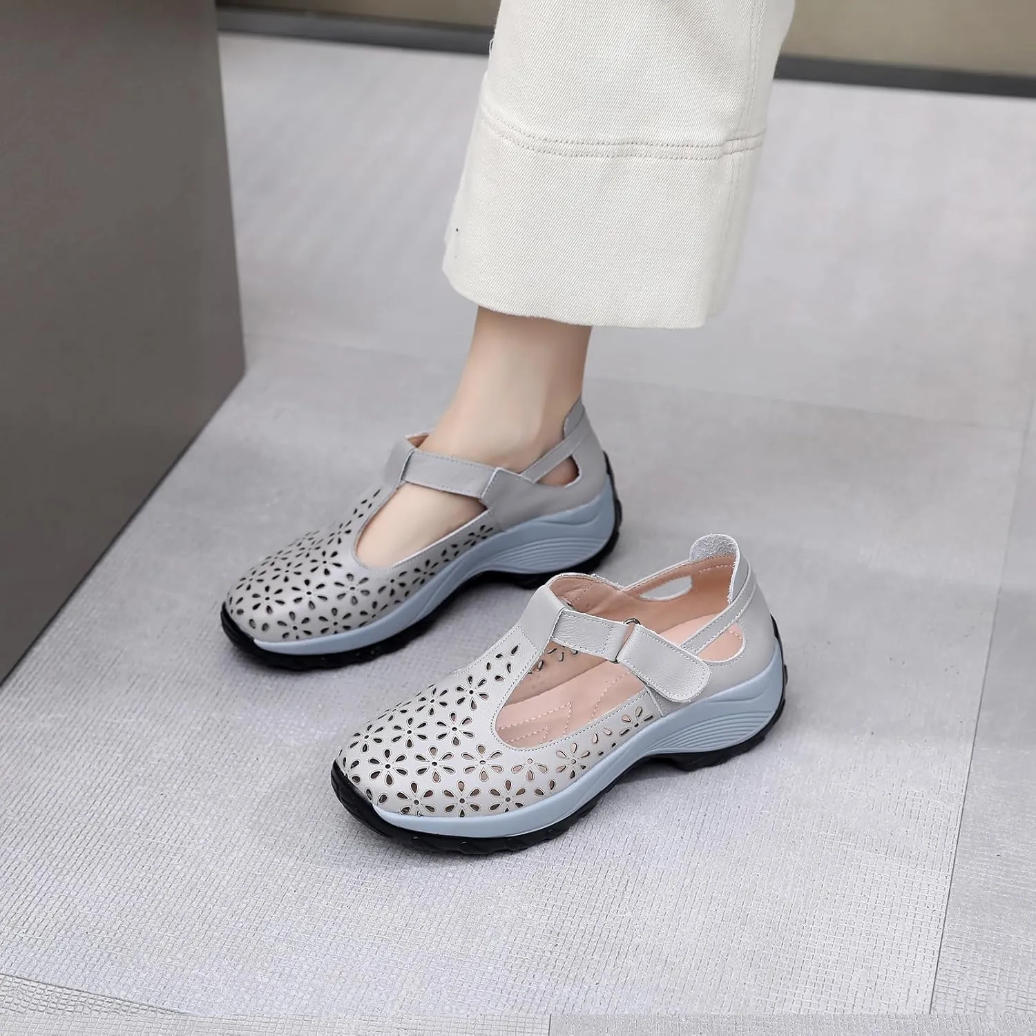 Women's Genuine Leather T-Strap Hollow Wedge Walking Orthotic Sandals Comfortable Platform Adjustable Buckle Arch Support Nurse Sandals Breathable Caged Closed Toe Beach Sandals