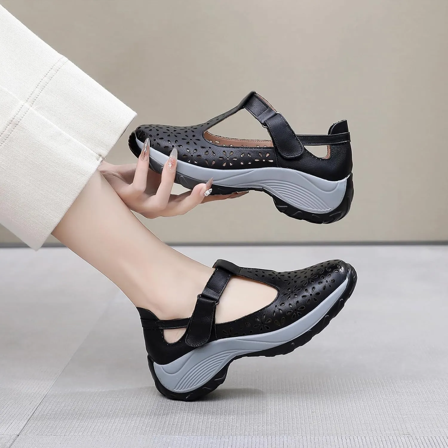 Women's Genuine Leather T-Strap Hollow Wedge Walking Orthotic Sandals Comfortable Platform Adjustable Buckle Arch Support Nurse Sandals Breathable Caged Closed Toe Beach Sandals