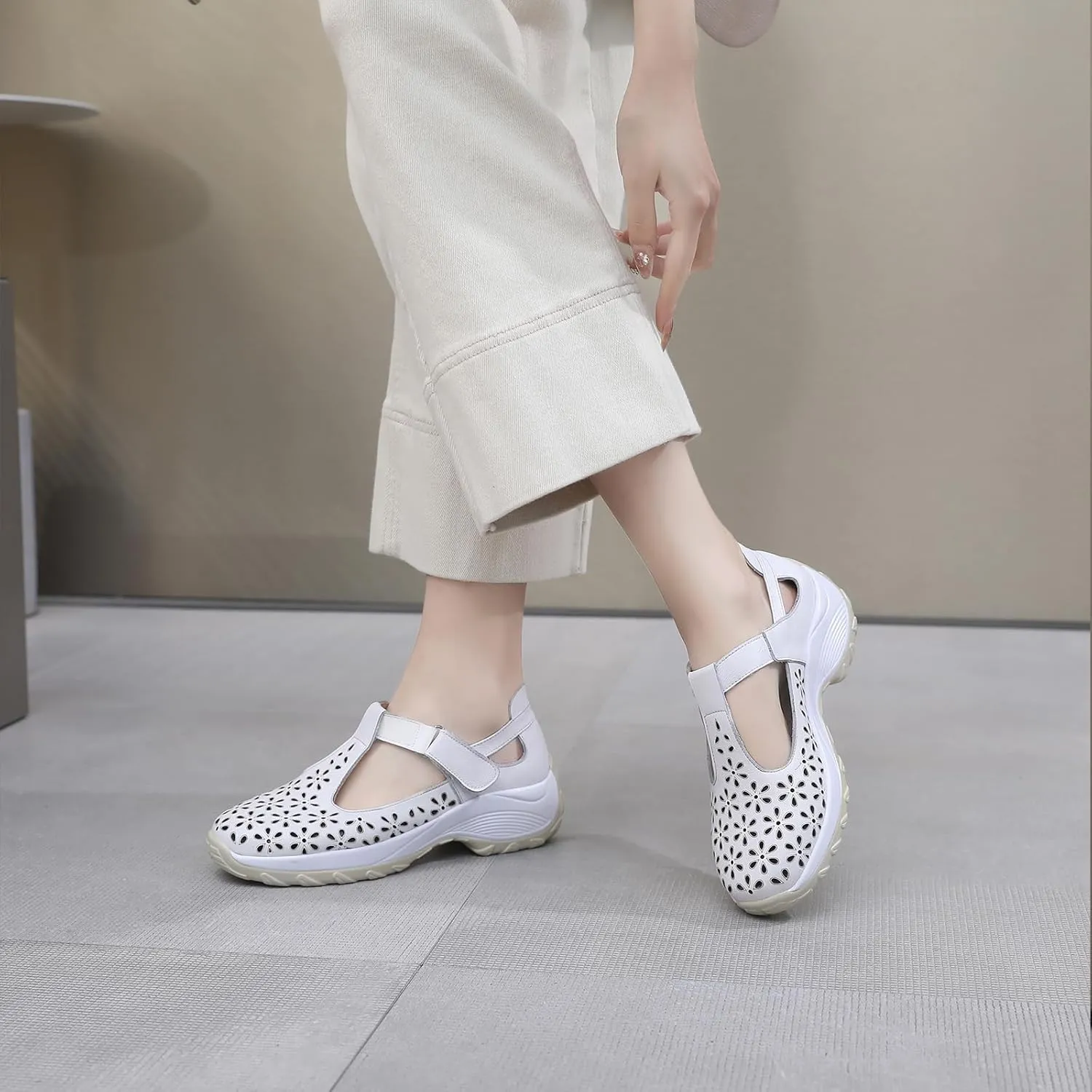 Women's Genuine Leather T-Strap Hollow Wedge Walking Orthotic Sandals Comfortable Platform Adjustable Buckle Arch Support Nurse Sandals Breathable Caged Closed Toe Beach Sandals