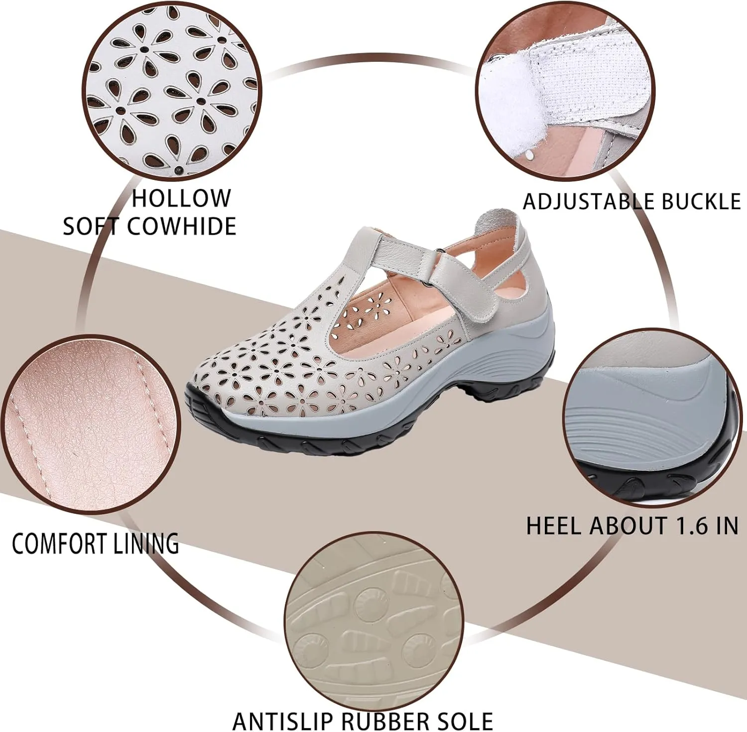 Women's Genuine Leather T-Strap Hollow Wedge Walking Orthotic Sandals Comfortable Platform Adjustable Buckle Arch Support Nurse Sandals Breathable Caged Closed Toe Beach Sandals