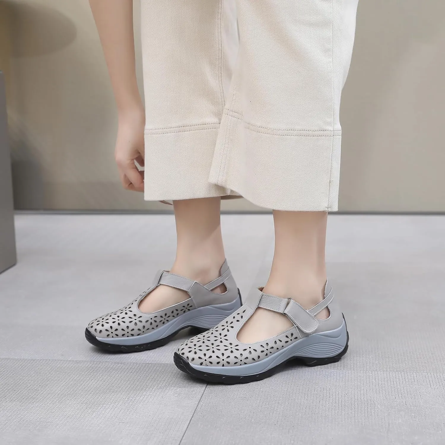 Women's Genuine Leather T-Strap Hollow Wedge Walking Orthotic Sandals Comfortable Platform Adjustable Buckle Arch Support Nurse Sandals Breathable Caged Closed Toe Beach Sandals