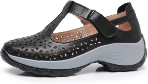 Women's Genuine Leather T-Strap Hollow Wedge Walking Orthotic Sandals Comfortable Platform Adjustable Buckle Arch Support Nurse Sandals Breathable Caged Closed Toe Beach Sandals