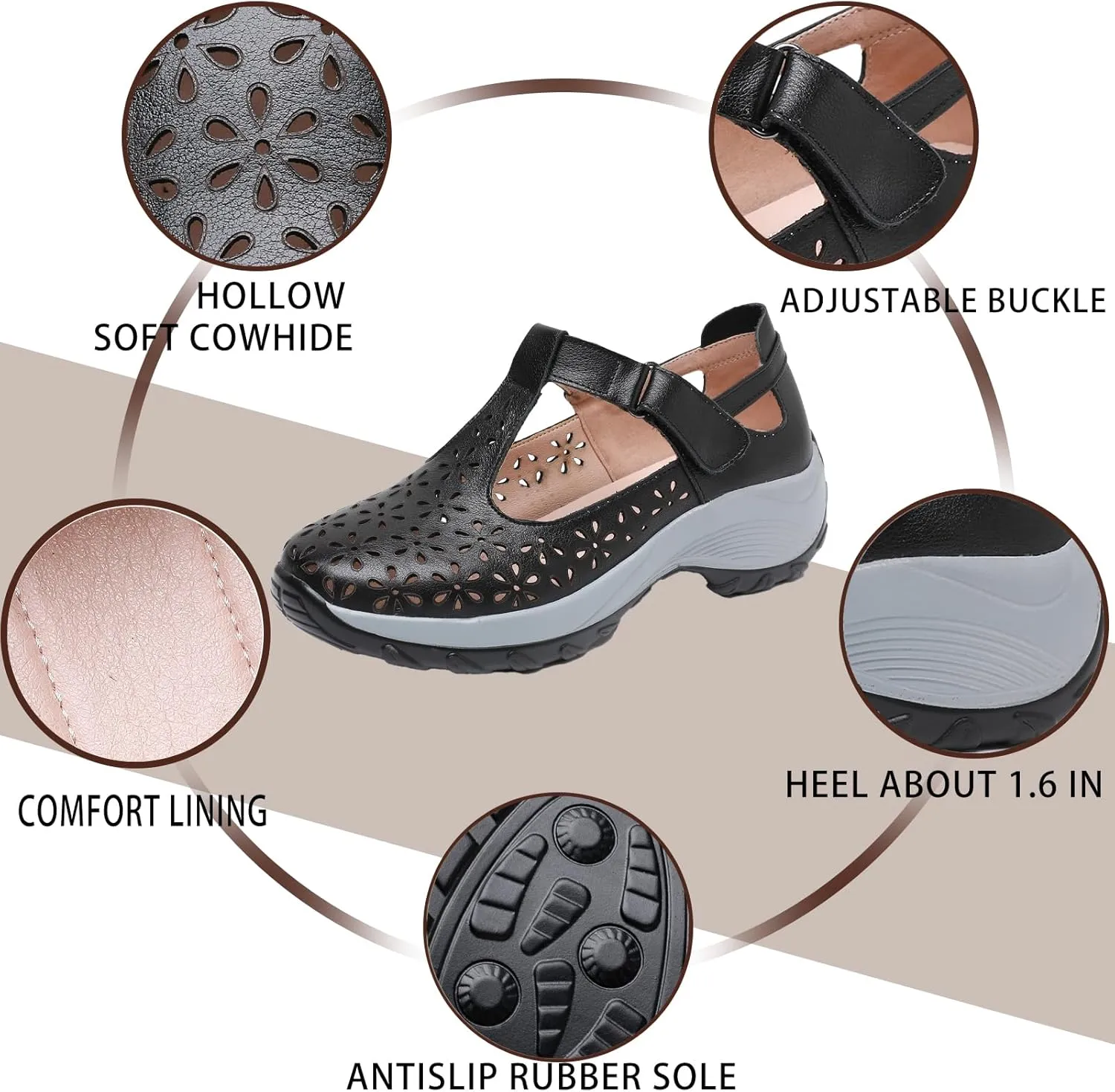 Women's Genuine Leather T-Strap Hollow Wedge Walking Orthotic Sandals Comfortable Platform Adjustable Buckle Arch Support Nurse Sandals Breathable Caged Closed Toe Beach Sandals