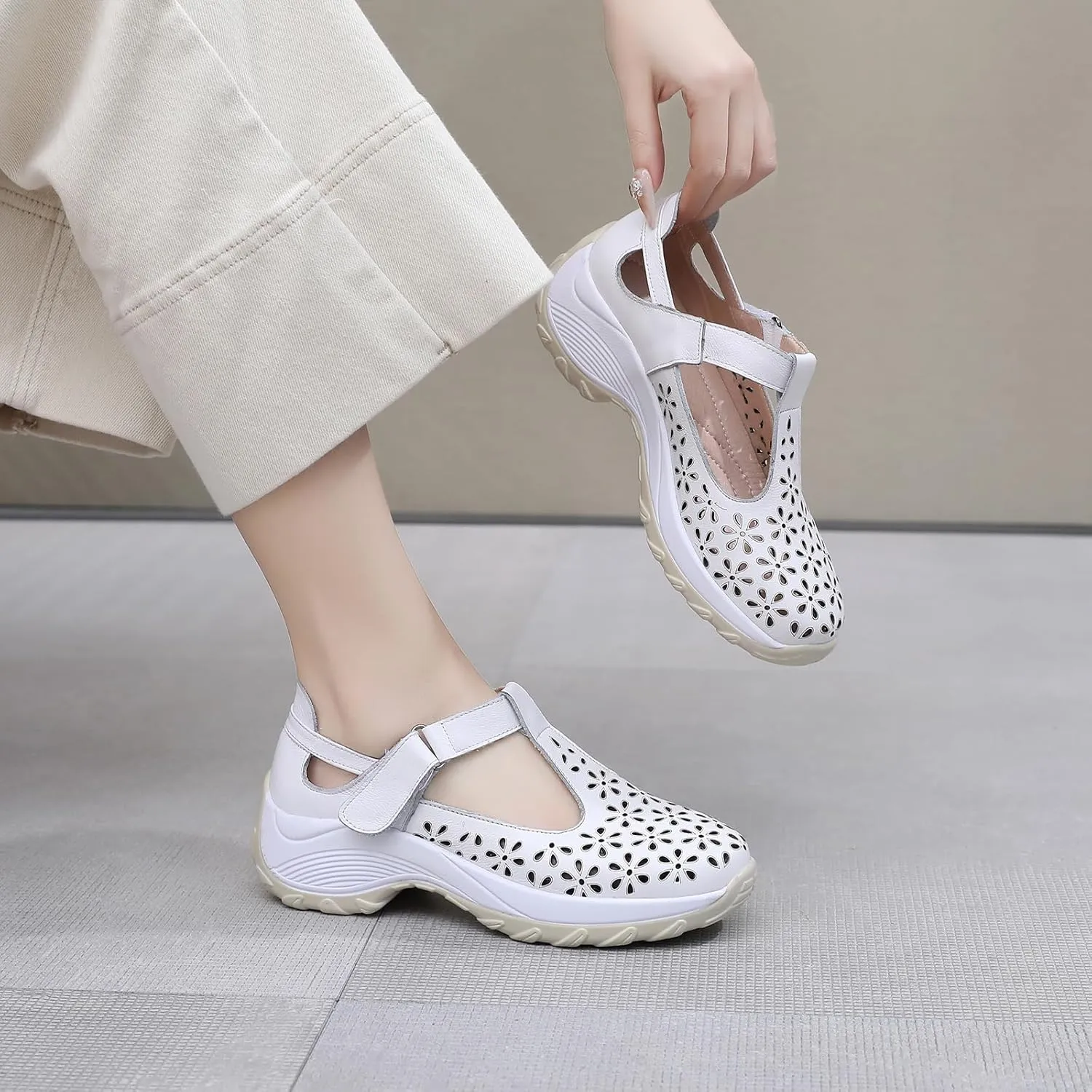 Women's Genuine Leather T-Strap Hollow Wedge Walking Orthotic Sandals Comfortable Platform Adjustable Buckle Arch Support Nurse Sandals Breathable Caged Closed Toe Beach Sandals