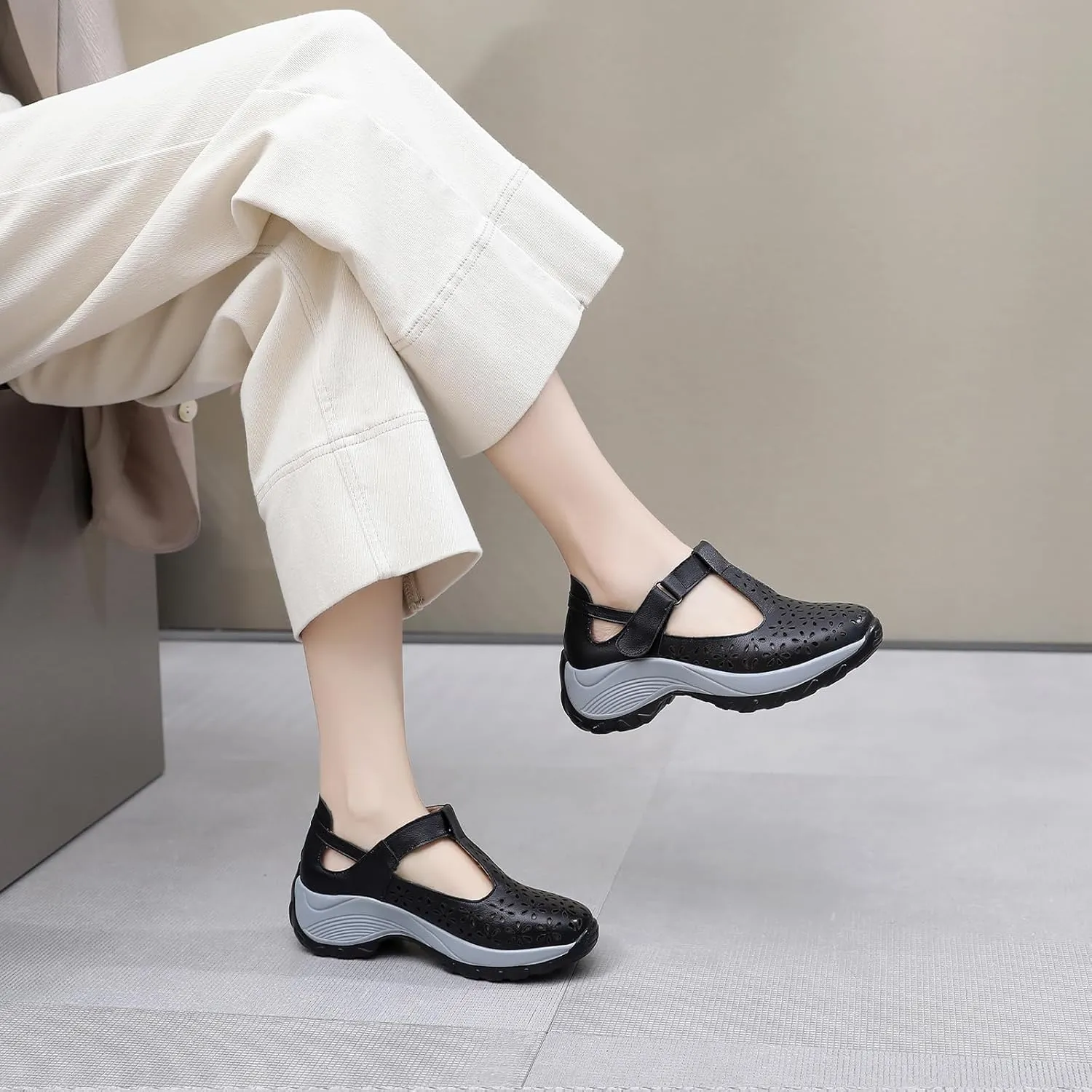Women's Genuine Leather T-Strap Hollow Wedge Walking Orthotic Sandals Comfortable Platform Adjustable Buckle Arch Support Nurse Sandals Breathable Caged Closed Toe Beach Sandals
