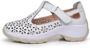 Women's Genuine Leather T-Strap Hollow Wedge Walking Orthotic Sandals Comfortable Platform Adjustable Buckle Arch Support Nurse Sandals Breathable Caged Closed Toe Beach Sandals