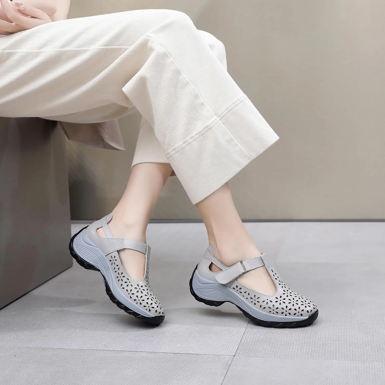 Women's Genuine Leather T-Strap Hollow Wedge Walking Orthotic Sandals Comfortable Platform Adjustable Buckle Arch Support Nurse Sandals Breathable Caged Closed Toe Beach Sandals