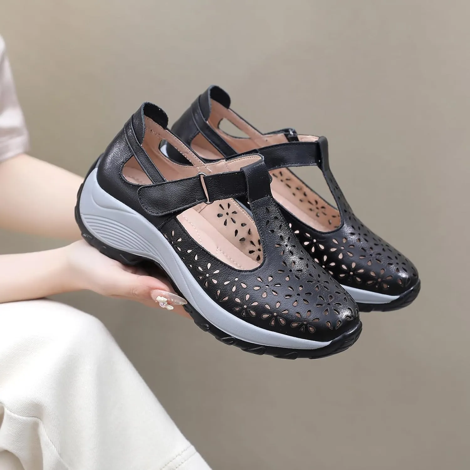 Women's Genuine Leather T-Strap Hollow Wedge Walking Orthotic Sandals Comfortable Platform Adjustable Buckle Arch Support Nurse Sandals Breathable Caged Closed Toe Beach Sandals