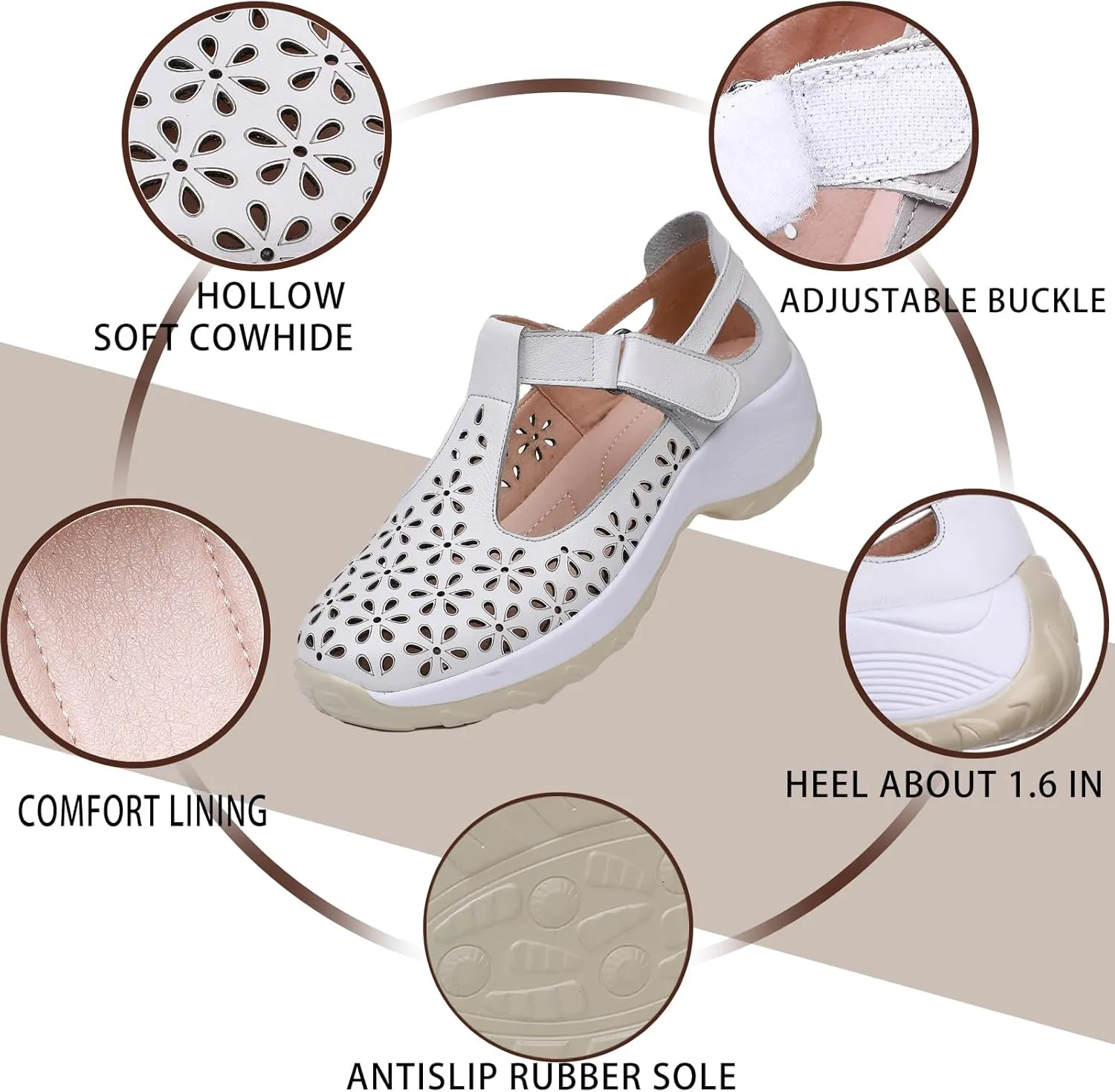Women's Genuine Leather T-Strap Hollow Wedge Walking Orthotic Sandals Comfortable Platform Adjustable Buckle Arch Support Nurse Sandals Breathable Caged Closed Toe Beach Sandals