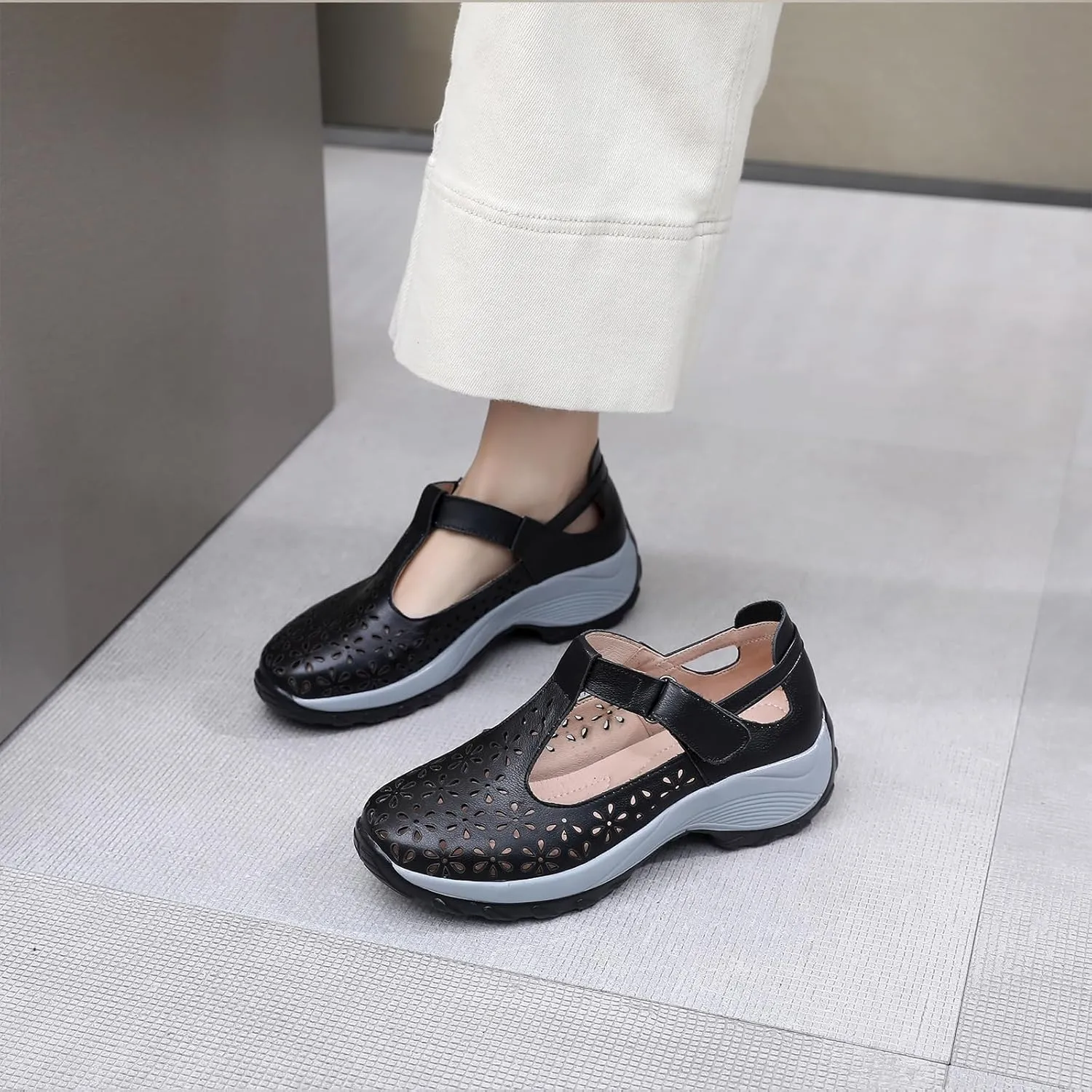 Women's Genuine Leather T-Strap Hollow Wedge Walking Orthotic Sandals Comfortable Platform Adjustable Buckle Arch Support Nurse Sandals Breathable Caged Closed Toe Beach Sandals