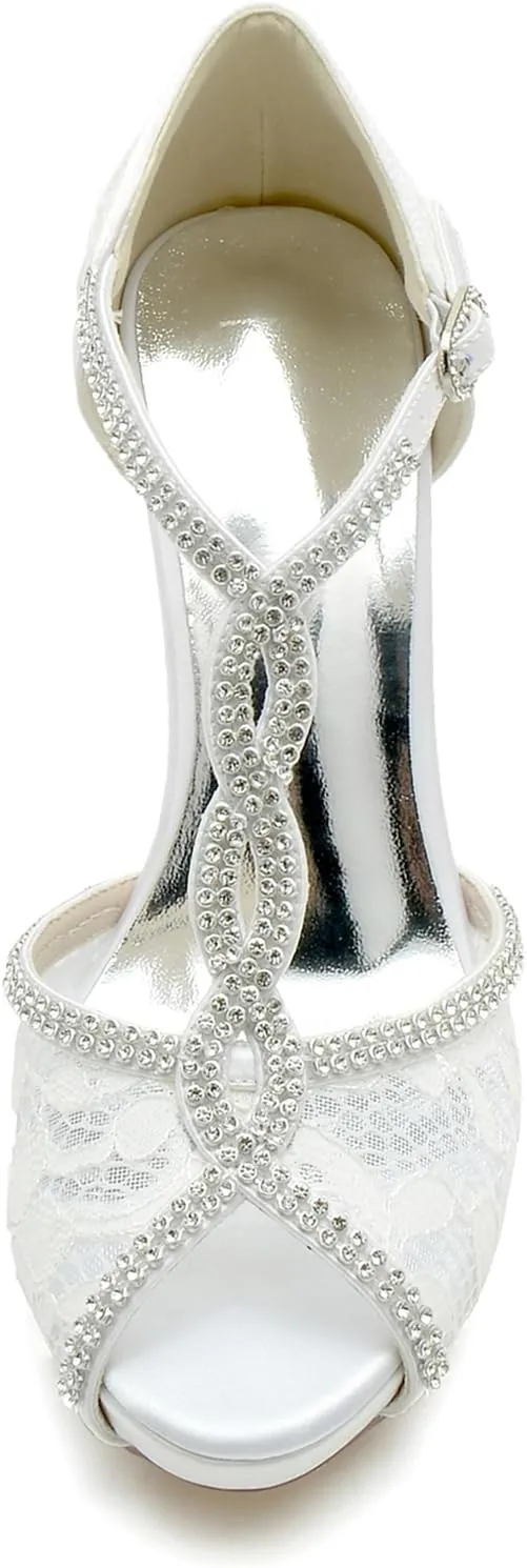 Women's Heel Pumps Sandal Hollow Out Lace Bridal Shoes for the Bride Fish Mouth Rhinestones Cross Strap Wedding Shoes