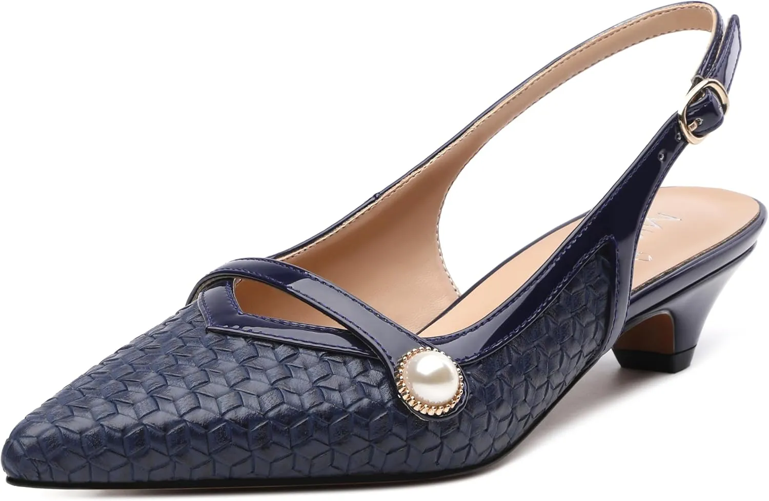 Womens Heeled Slingback Pumps, Pointed Toe Low Thick Kitten Heel Slingback Shoes for Women, Embossed Woven Shoes with Pearl Decoration 1.2"