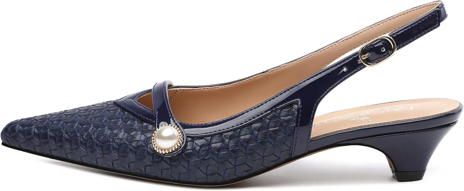 Womens Heeled Slingback Pumps, Pointed Toe Low Thick Kitten Heel Slingback Shoes for Women, Embossed Woven Shoes with Pearl Decoration 1.2"