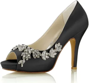 Women's High Heel Platform Bridal Shoes with Rhinestones Satin Peep Toe Wedding Shoes Slip On Satin Dress Party Pumps
