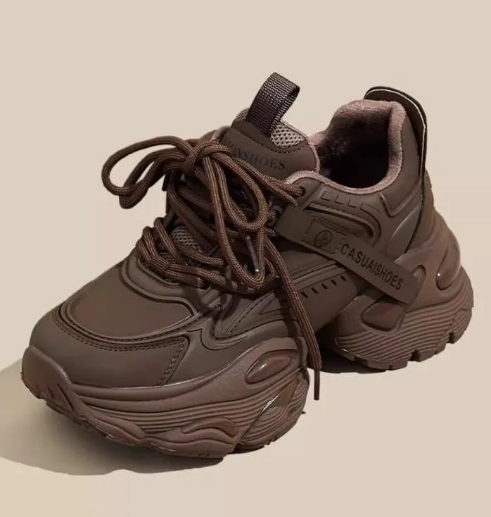 Women's Leather Fashion Sneakers - Casual Platform Sneakers, Straps, Autumn Women's Versatile Sneakers with Platform Sole, Increased Height