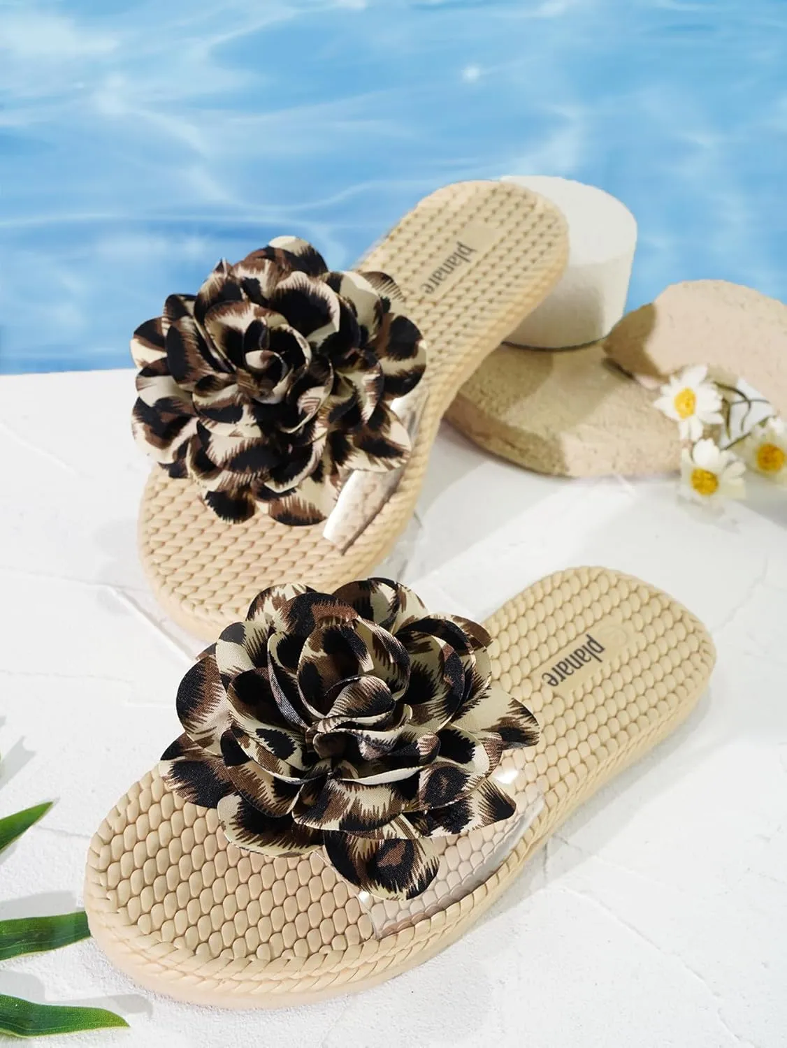 Women's Leopard Flower Slide Sandals Clear Single Band Soft Woven Sole Beach Slip-On Slippers Summer Fashion Comfortable Flats for Vacation, Pool, and Daily Wear