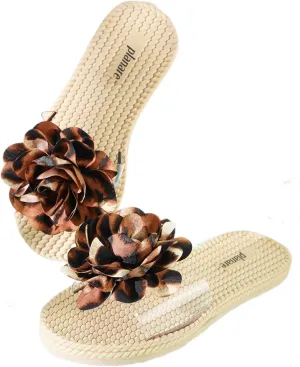 Women's Leopard Flower Slide Sandals Clear Single Band Soft Woven Sole Beach Slip-On Slippers Summer Fashion Comfortable Flats for Vacation, Pool, and Daily Wear