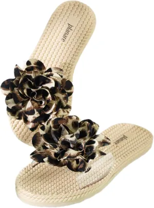 Women's Leopard Flower Slide Sandals Clear Single Band Soft Woven Sole Beach Slip-On Slippers Summer Fashion Comfortable Flats for Vacation, Pool, and Daily Wear