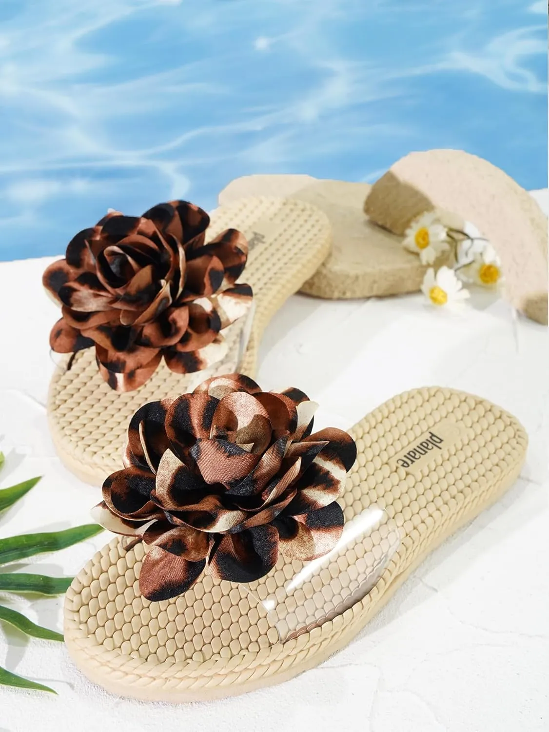 Women's Leopard Flower Slide Sandals Clear Single Band Soft Woven Sole Beach Slip-On Slippers Summer Fashion Comfortable Flats for Vacation, Pool, and Daily Wear