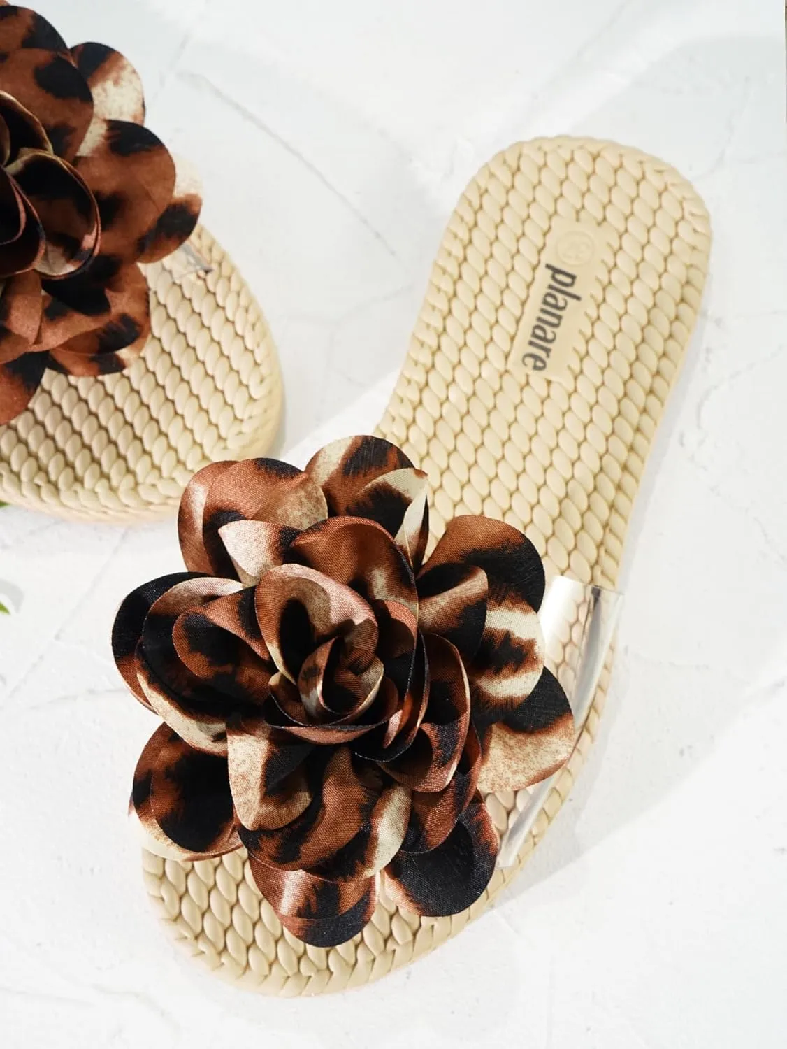 Women's Leopard Flower Slide Sandals Clear Single Band Soft Woven Sole Beach Slip-On Slippers Summer Fashion Comfortable Flats for Vacation, Pool, and Daily Wear