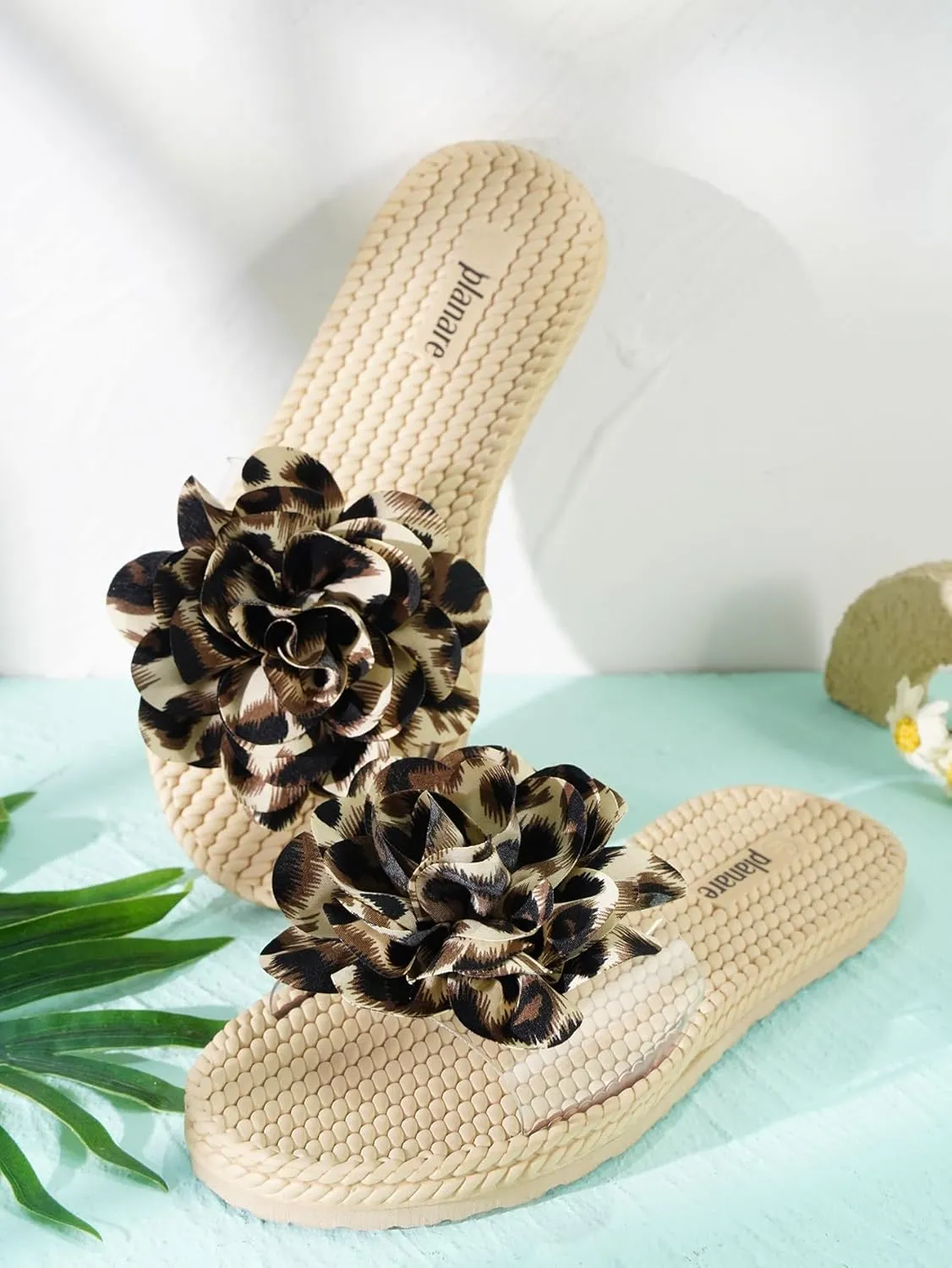 Women's Leopard Flower Slide Sandals Clear Single Band Soft Woven Sole Beach Slip-On Slippers Summer Fashion Comfortable Flats for Vacation, Pool, and Daily Wear