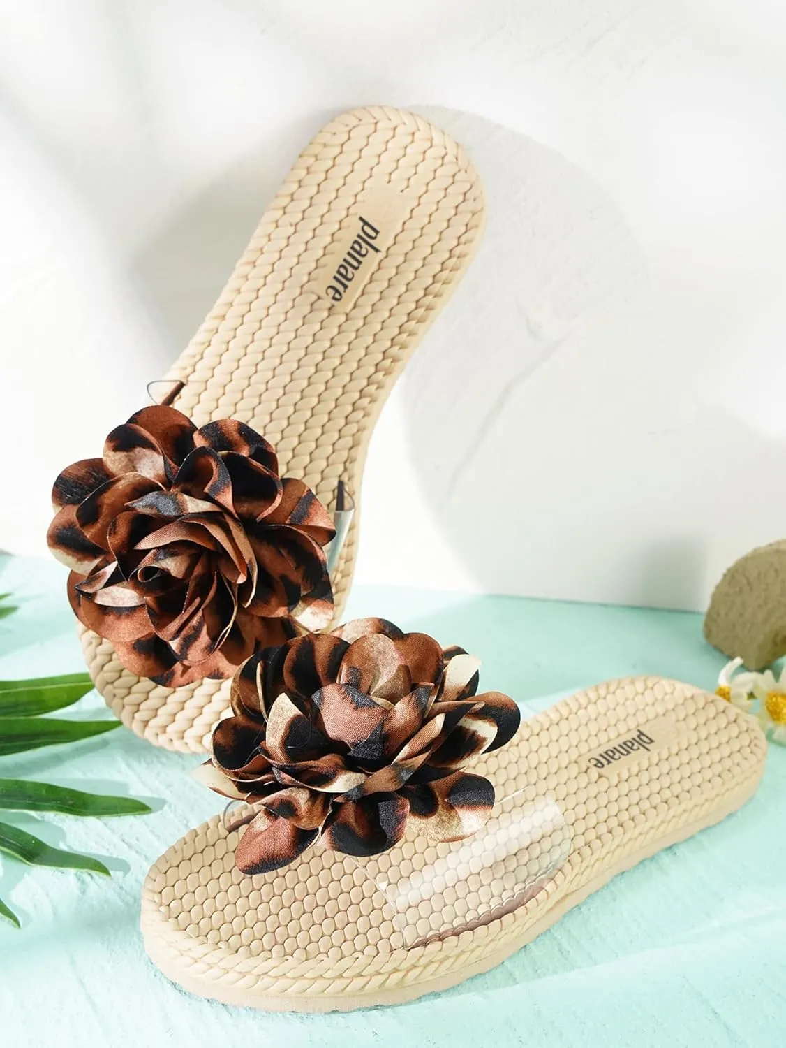 Women's Leopard Flower Slide Sandals Clear Single Band Soft Woven Sole Beach Slip-On Slippers Summer Fashion Comfortable Flats for Vacation, Pool, and Daily Wear