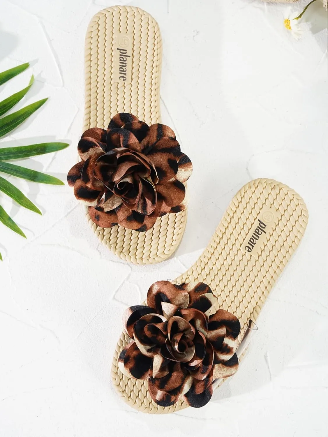Women's Leopard Flower Slide Sandals Clear Single Band Soft Woven Sole Beach Slip-On Slippers Summer Fashion Comfortable Flats for Vacation, Pool, and Daily Wear