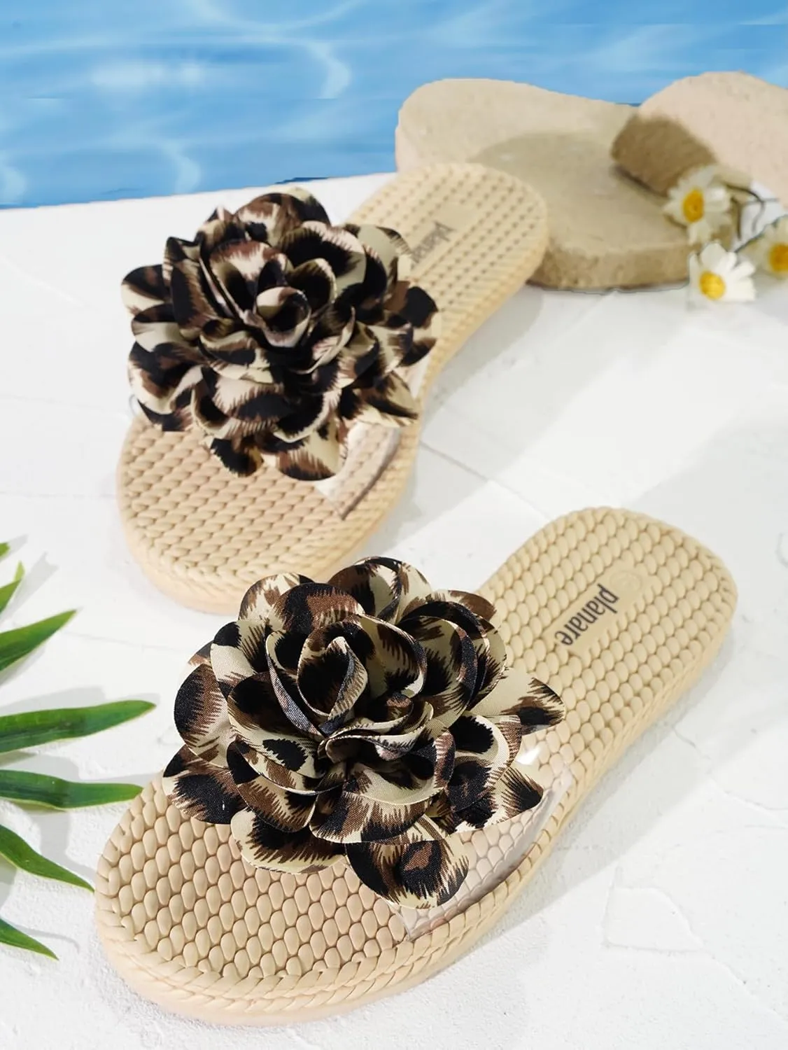 Women's Leopard Flower Slide Sandals Clear Single Band Soft Woven Sole Beach Slip-On Slippers Summer Fashion Comfortable Flats for Vacation, Pool, and Daily Wear