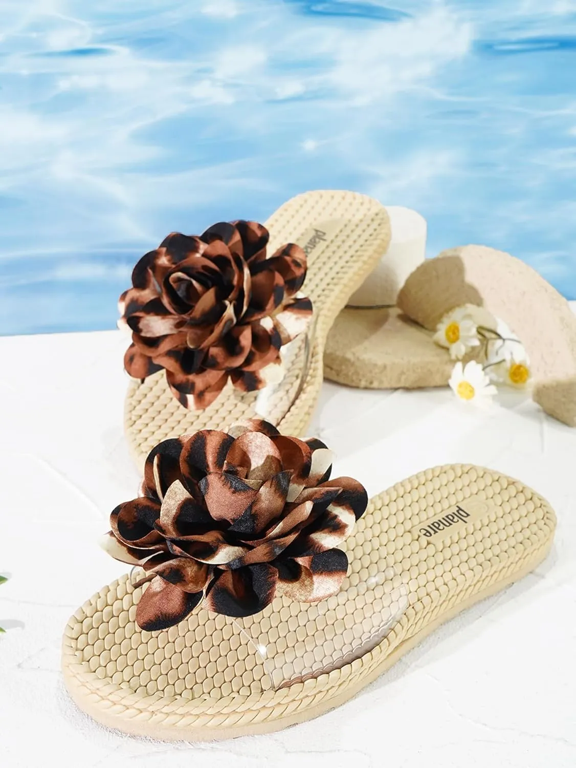 Women's Leopard Flower Slide Sandals Clear Single Band Soft Woven Sole Beach Slip-On Slippers Summer Fashion Comfortable Flats for Vacation, Pool, and Daily Wear