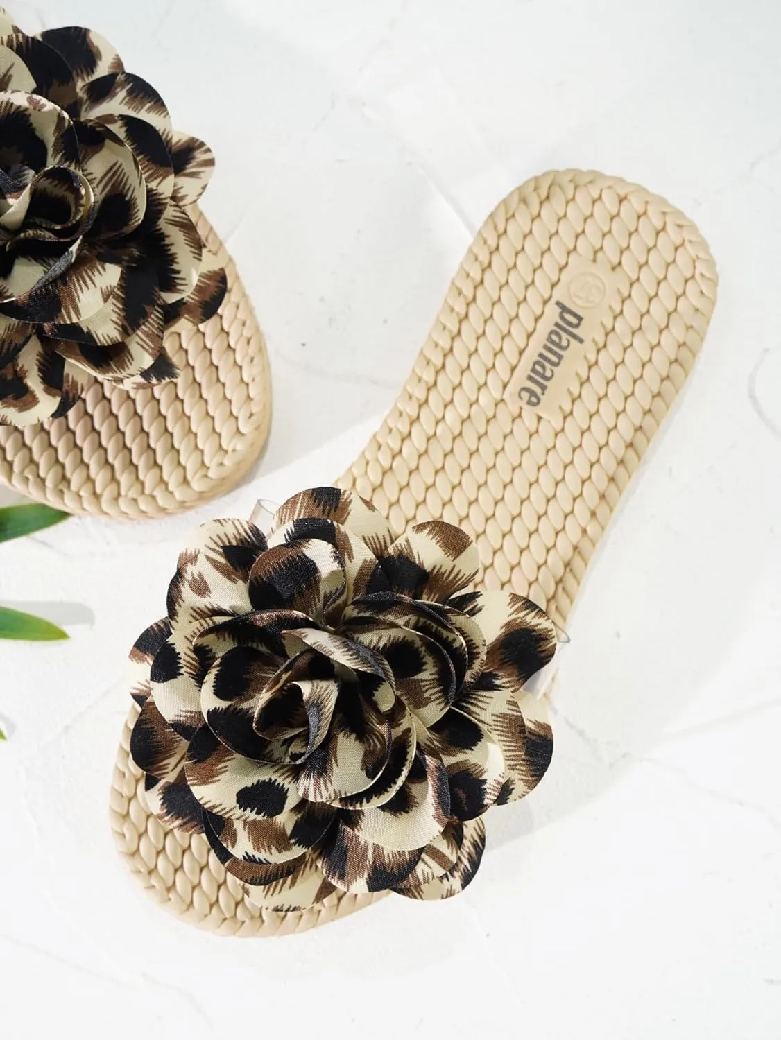 Women's Leopard Flower Slide Sandals Clear Single Band Soft Woven Sole Beach Slip-On Slippers Summer Fashion Comfortable Flats for Vacation, Pool, and Daily Wear