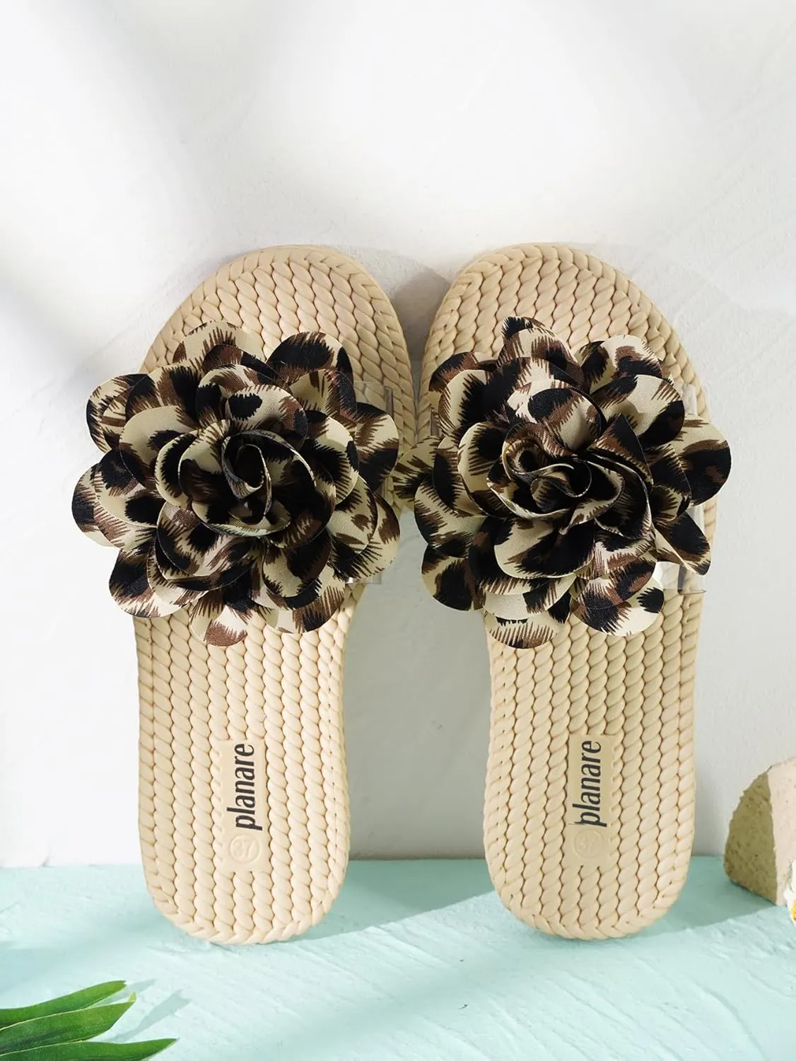 Women's Leopard Flower Slide Sandals Clear Single Band Soft Woven Sole Beach Slip-On Slippers Summer Fashion Comfortable Flats for Vacation, Pool, and Daily Wear