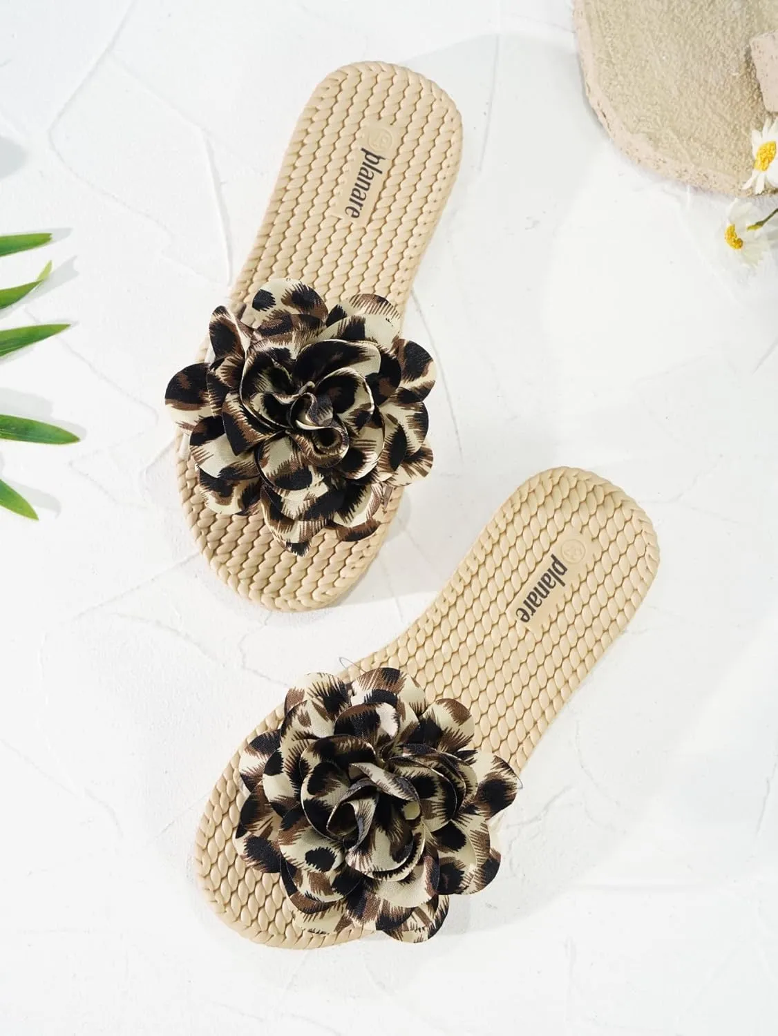 Women's Leopard Flower Slide Sandals Clear Single Band Soft Woven Sole Beach Slip-On Slippers Summer Fashion Comfortable Flats for Vacation, Pool, and Daily Wear