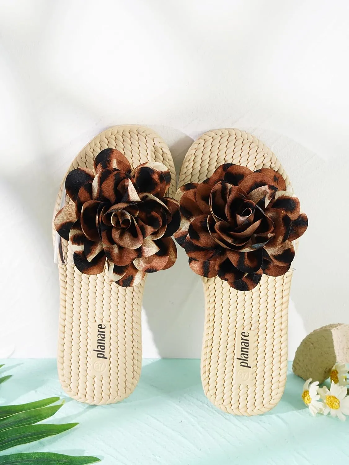 Women's Leopard Flower Slide Sandals Clear Single Band Soft Woven Sole Beach Slip-On Slippers Summer Fashion Comfortable Flats for Vacation, Pool, and Daily Wear
